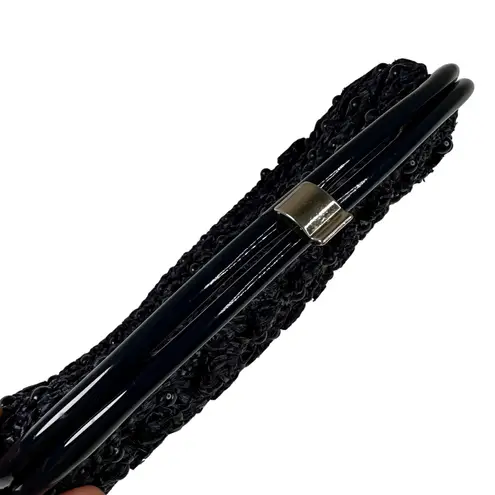 Vintage Navy Raffia Beaded Clutch Evening Bag Top Handle Purse Blue