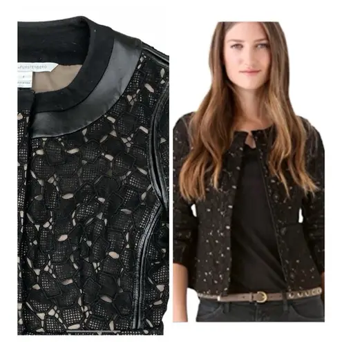 Diane Von Furstenberg  Maya Pebble Lace and Leather Black Button and Zip Blazer