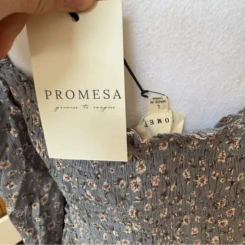 Prómesa PROMESA NWT Floral Light Blue Gray boho smocked ruffle dress L bell sleeves