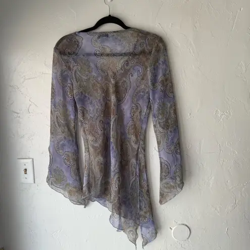 Star City Y2K Small Blue Paisley Retro Hippie Artsy Asymmetrical Sheer Top rain