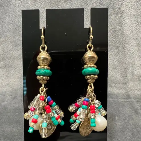Boho Beaded Dangle Earrings Hammered Metal Beads Turquoise Red Y2K Bohemian Green