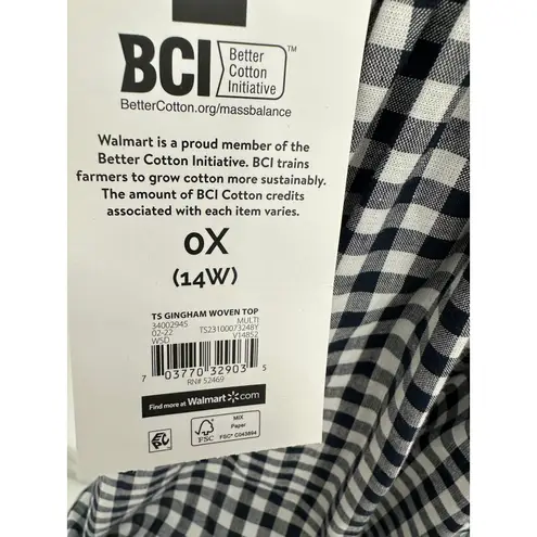 Time & Tru Top Women 0X NWT Navy Blue White Gingham Short Sleeve Sweetheart Black