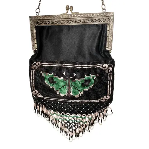 Vintage Silk Black Green Butterfly Beaded Bag Purse Silver Tone Handle Chain