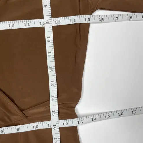 Modbe Chocolate Brown Surplice Wrap Dress Bell Sleeve Ruched Waist Stretchy Midi