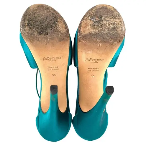 Saint Laurent Paris Turquoise Satin Tribute Cross Strap Platform Sandals Size 35
