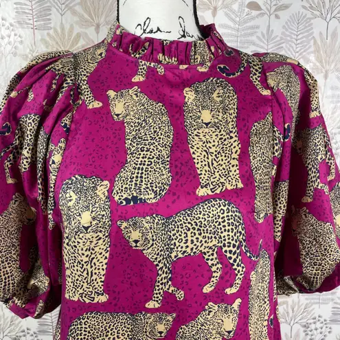 Tyler Böe Leopard Cheetah Print Ruffle Hem Dress Pink Magenta Puff Sleeve XS