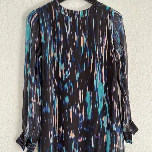 Rory Beca Silk Mini Dress Blue Watercolor Artsy Long Sleeve Date Night Fall Goth