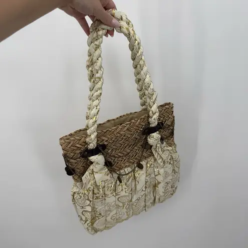 Sun 'N Sand Woven Straw Fabric Gold Metallic Tote Bag Boho Chain Chic Brown