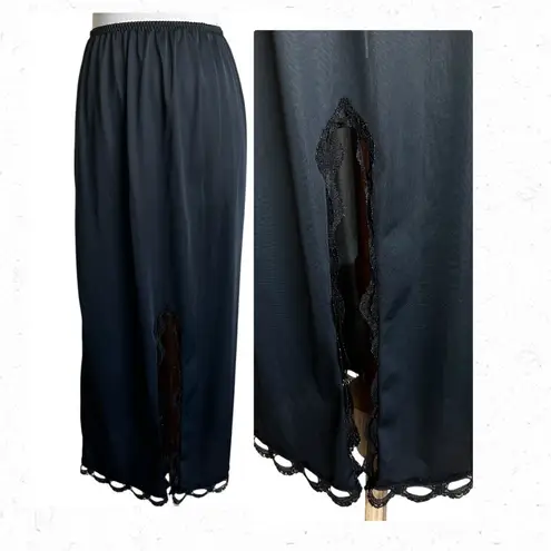 VTG 70s Maxi Half Split Slip M Lace Trim Hem Romantic Goth Lace Coquette Fairy Black Size M