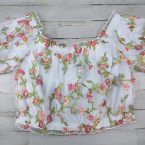 Ambiance Apparel NWT off the shoulder crop top white w/ pink embroidered flowers sz medium