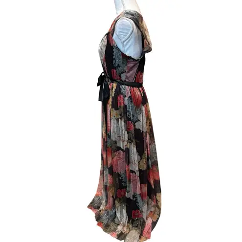 Candalite Women's Maxi Dress Large Black Floral Pleated Sheer Overlay Belted