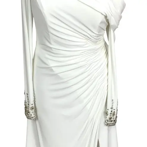Mac Duggal White Beaded Cuff Drop Shoulder Gown 6 Faux Wrap Ruched Dress READ