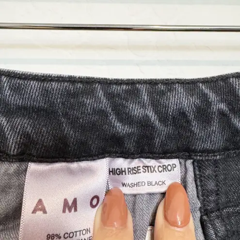 AMO Denim High Rise Stix Cropped Jeans Frayed Hem Anthropologie Washed Black 26