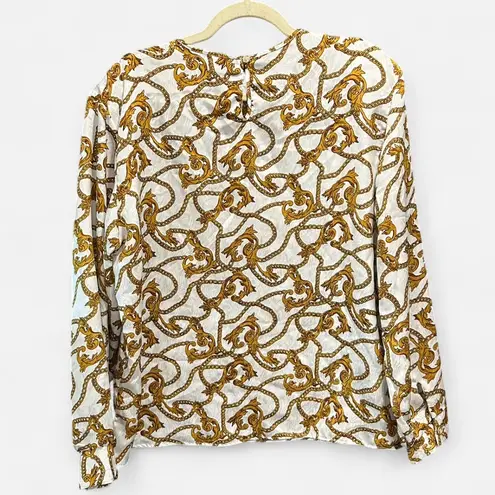 Vintage Satin Equestrian Chain Print Blouse Heritage Preppy Baroque Top Large Gold