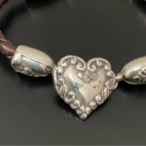 Brighton Retired  Cupid’s Bandit Silver Heart Brown Braided Leather Bracelet 26g