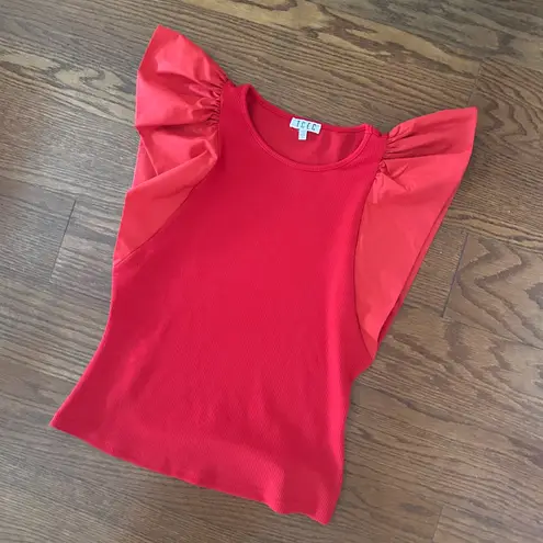 TCEC  Red Frill Sleeve Ribbed T-Shirt Ruffle Cap Sleeve Size Large Feminine