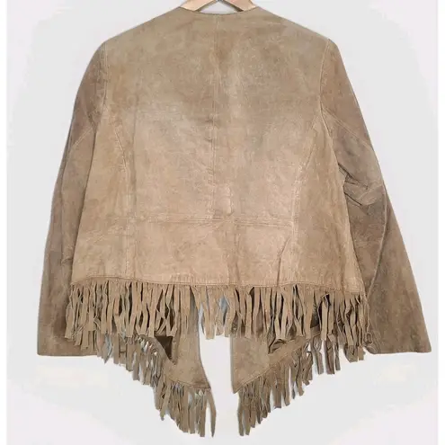 Jessica London Vtg Sz 16 Genuine Suede Leather Tan Jacket Open Front Fringe