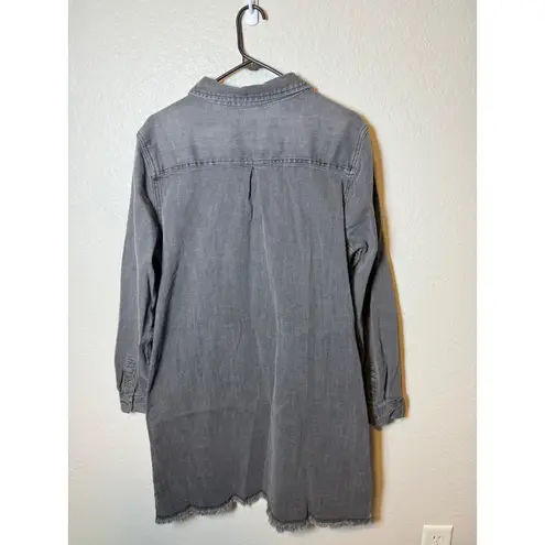 Natural Reflections Gray Denim Shirt Dress Long Sleeve Frayed Hem