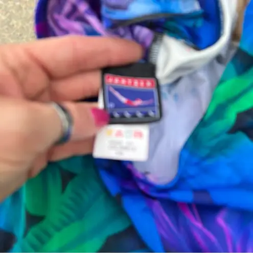 Jantzen Vintage blue tropical floral faux wrap skirt one piece swimsuit