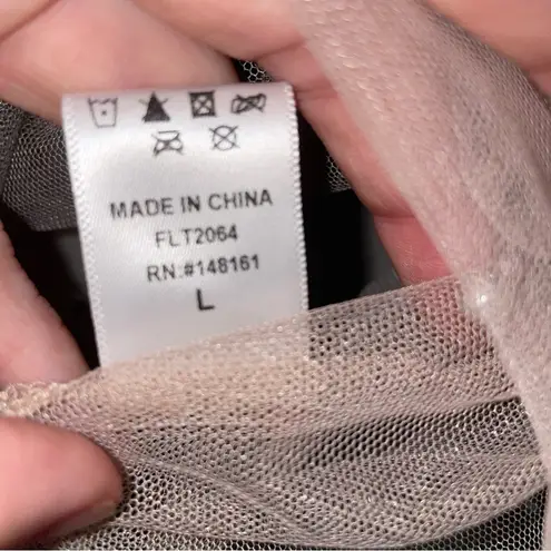 Fashion Leader L Tan Mesh Top Pearl Beaded Long Ruffle Sleeves Size L