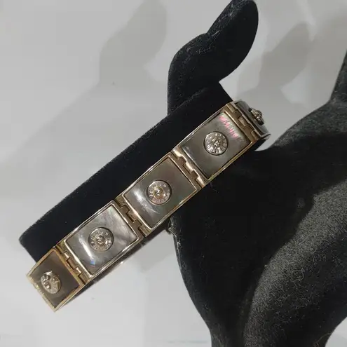 Hendi Bendal Hinge Belt Buckle Bracelet MOP Signature Logo Gold Tone Rhinestone