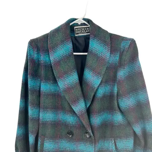VTG Womens Spencer Douglas Peacoat 10 Wool Blend Plaid USA Academia Preppy Blue