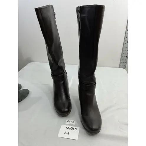 Womans Levity Odessa Knee High Boots 9.5 M Brown Full Zip Block Heel Strap Buckl