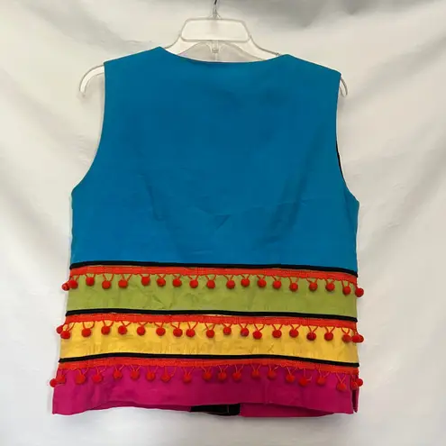 Vtg 90s Sharon Young Pom Pom Womens Vest 12 Linen Colorblock Boho Festival Artsy Blue