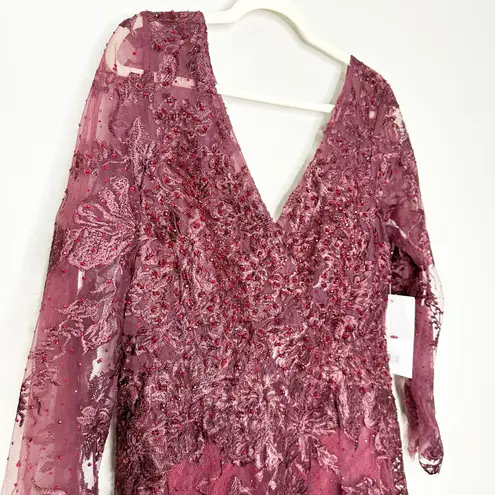 Mac Duggal 20409 Embellished Illusion Long Sleeve V Neck Gown Mahogany 10 NEW