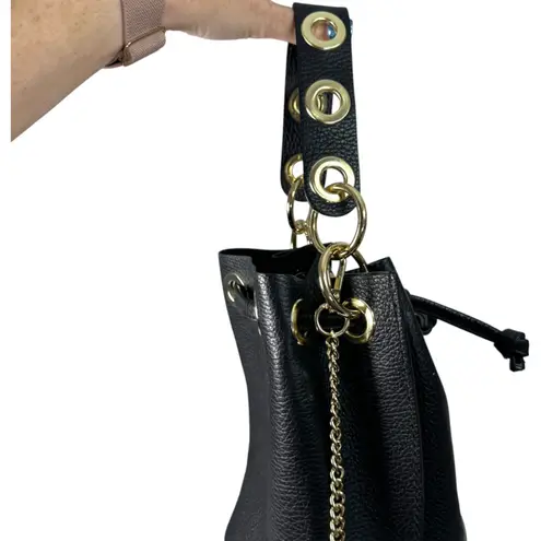 Italian Leather Gold Hardware Mini Drawstring Bucket Bag Satchel Crossbody Black