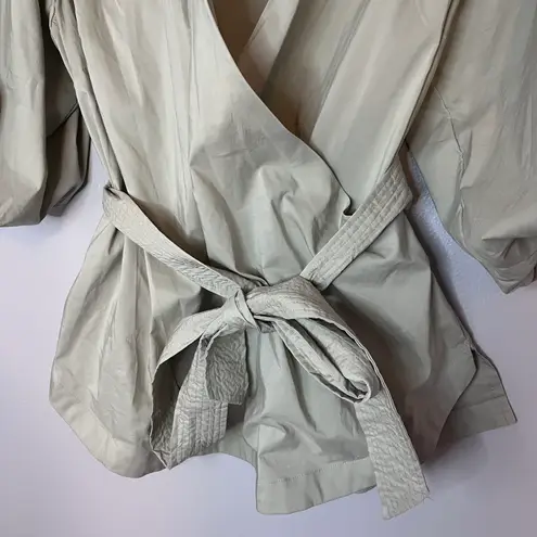 Jonathan Simkhai Waverly Bubble Sleeve Collared Tie Waist Wrap Blouse Thyme Green