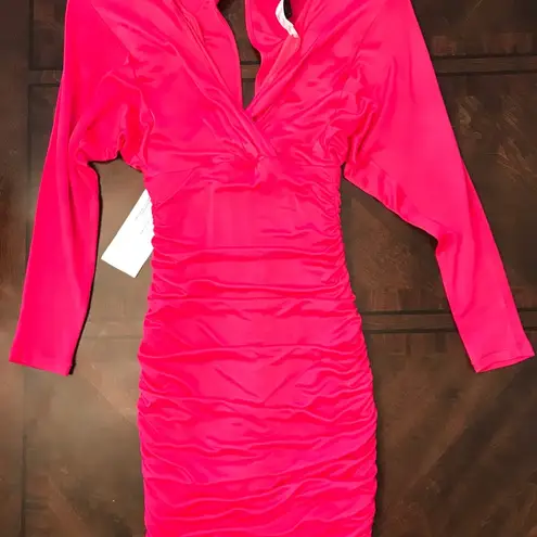 BCBGMAXAZRIA Brand New with Tags Hot Pink BCBG MaxAzria Long Sleeve Ruched Bodycon Dress
