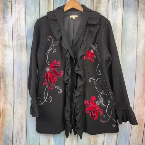 Cayson Wool Coat Size Medium Embroidery Ruffle Jacket Y2K Vintage Goth Baddie Black