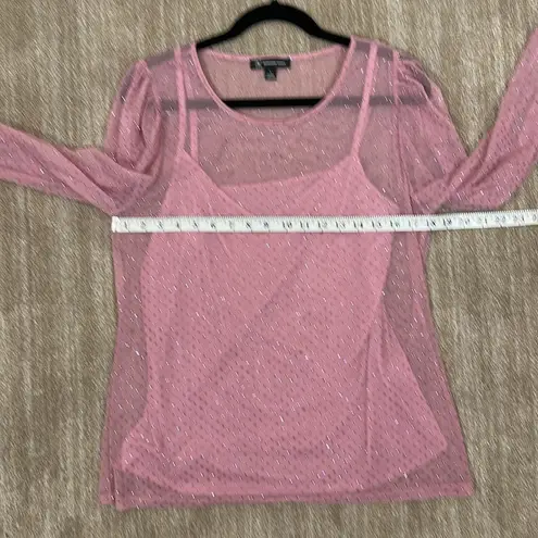 INC Barbie Glitter Dot Mesh Sparkle Sheer Camisole Pink 3/4 Sleeve Top Large