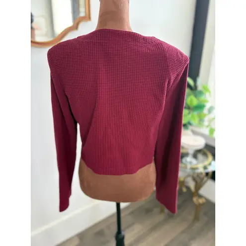 Waffle Knit Cropped Cardigan Burgundy 90s Vintage Style Top