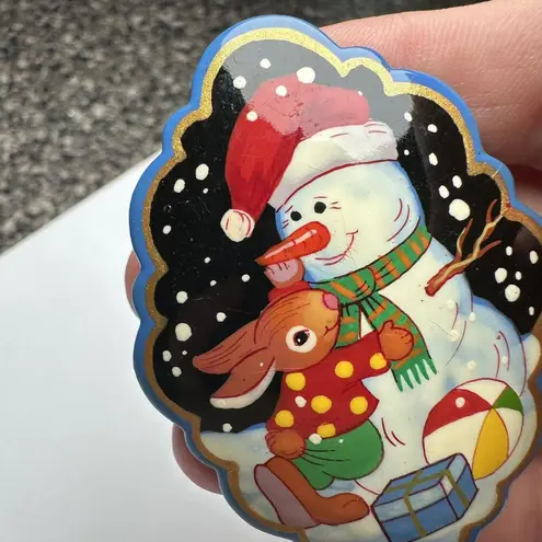 Hand Made In Russia Christmas Holiday Snowman Brooch Pin Paint Lacquer Russian