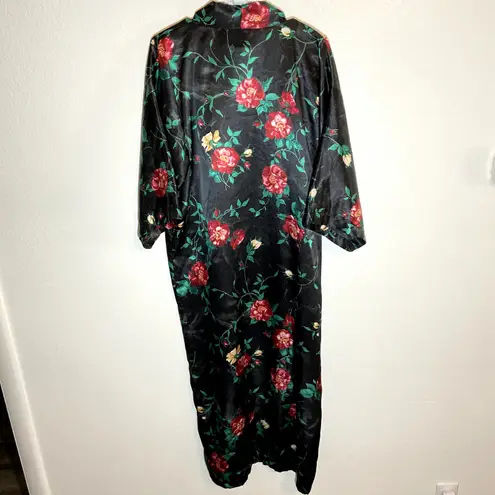 Vintage California Dynasty Satin Robe Duster 80s Floral Short Sleeve Black L Size L