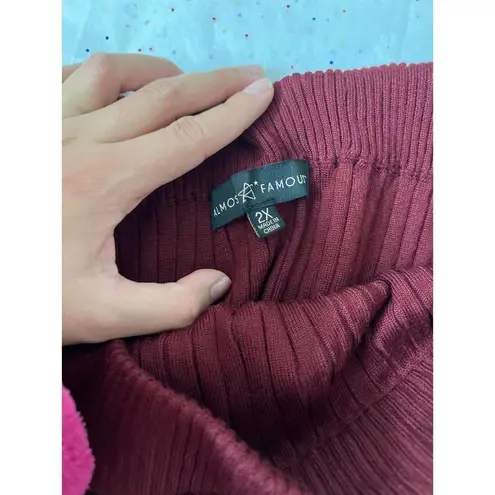 Almost Famous  Burgundy Ribbed Midi Skirt 2X – Button Side Detail, Stretchy Knit