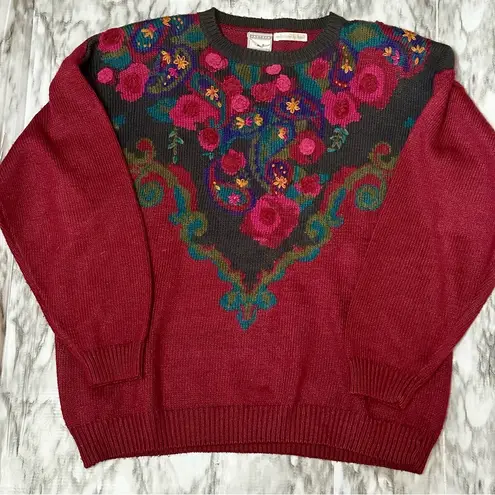 Jantzen Dark Red Crew Neck Sweater with Vintage Floral Design Vintage 90s Bold