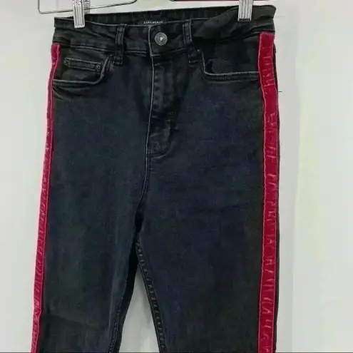 ZARA  Black Washed High Waisted Red Velvet Stripe Jeans‎ Size 4