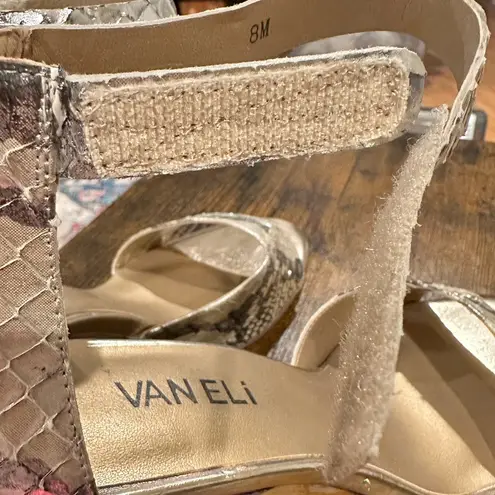 VanEli Boden Marmi Snakeskin Wedge Gold/Beige Brown/Gray Velcro Ankle Strap Shoe Silver Size 8