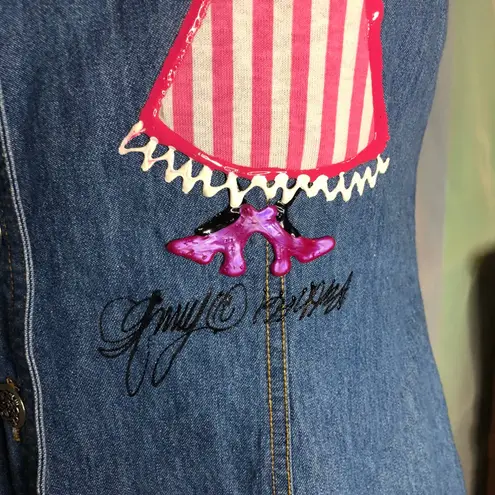 Dress Denim jean 90's puff paint stick figures blue pink white Size 12