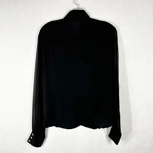VTG Ravel Large Top Silk Semi Sheer Ruffled Gathered Front Pearl Button Up 364 Black