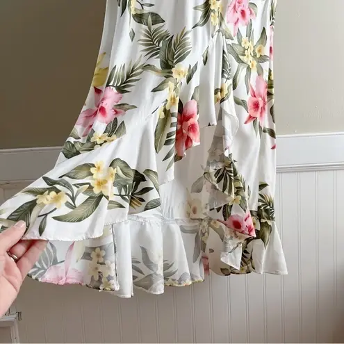 Vintage 80s Two Palms Tropical Floral Print Ruffle Hem Sleeveless Midi Dress, L White Size L