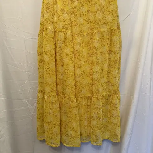 Lulu's Women's Size Medium Dressed Up Yellow Patterned Tiered Midi Dress Yellow