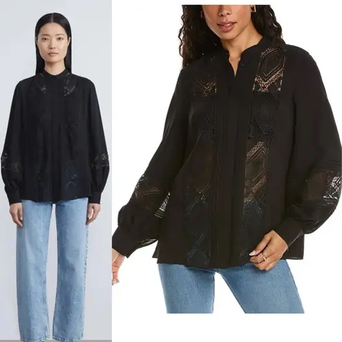 Lafayette 148 New York Boheme Lace Inset Silk Blouse Top Button Front Small