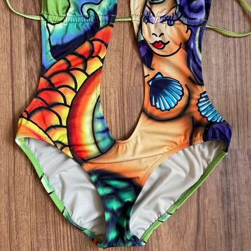 Ed Hardy Vintage Y2K Rare Green Multicolor Sexy Mermaid Edgy One Piece Swimsuit