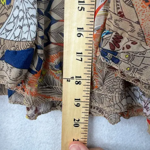 HOPE Boho Sheer Printed Cape Poncho Top Tan Tie Neck Ruffle Hem Festival Hippie Orange Size undefined