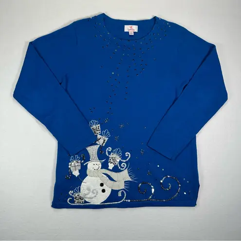 Quacker Factory Embellished Snowman Holiday Top Blue Sparkle Long Sleeves Small