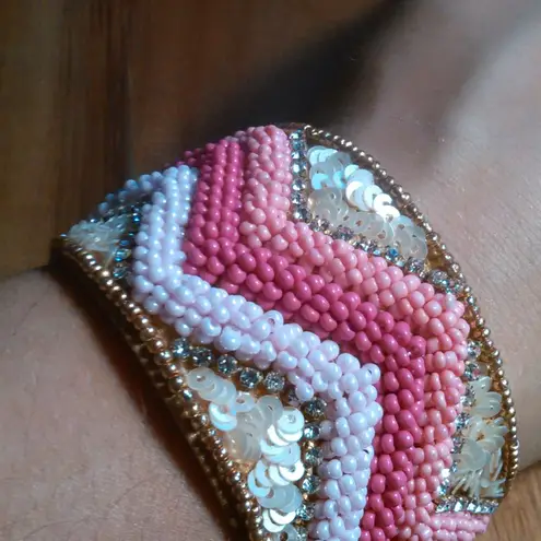 Handcrafted Pink Seed Bead, White Crystal, and Sequin Cuff Bracelet